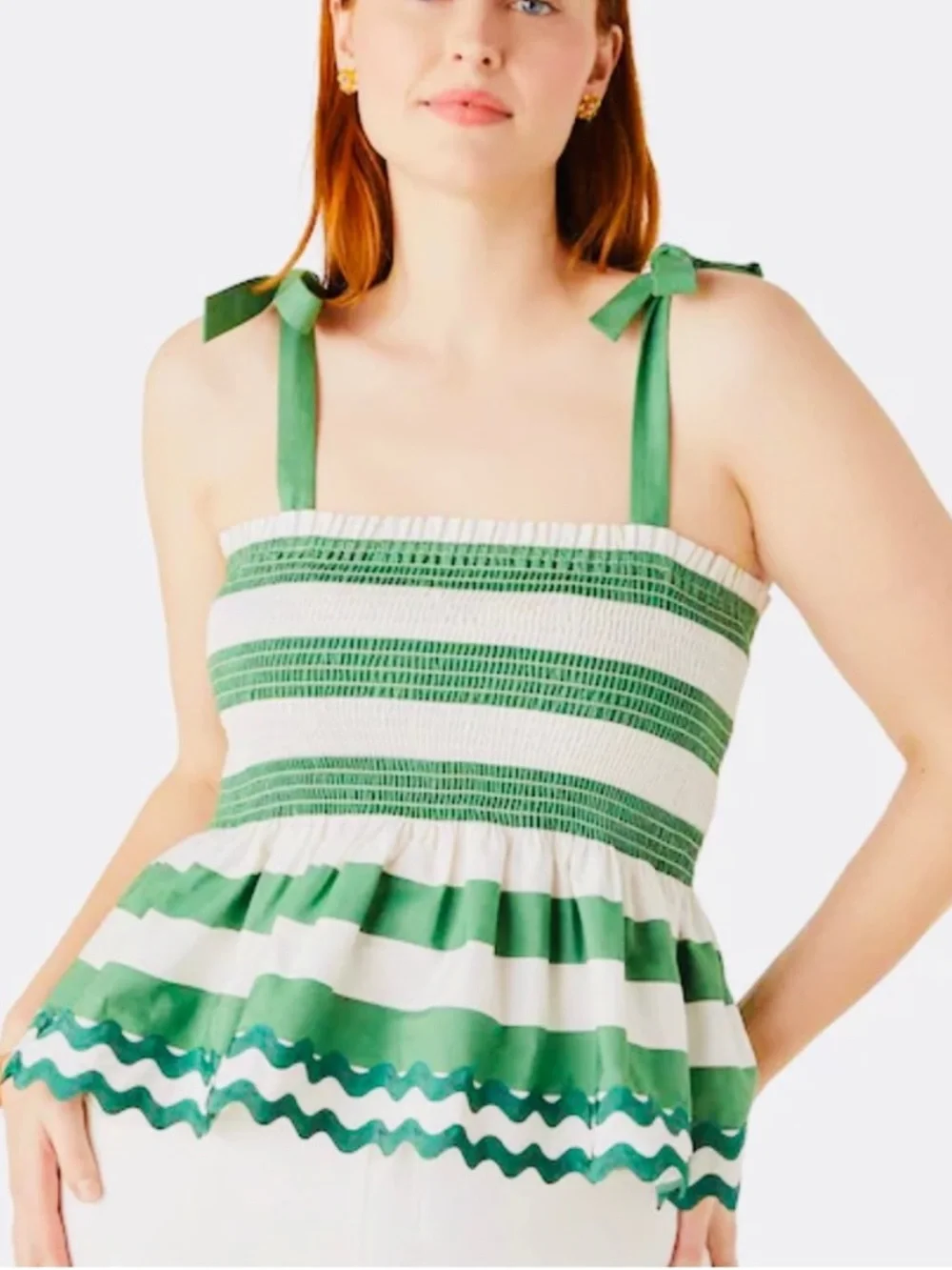 Kate Spade Beach Time Stripe Smocked Top Green Bean Strap Ties Ric Rac Hem